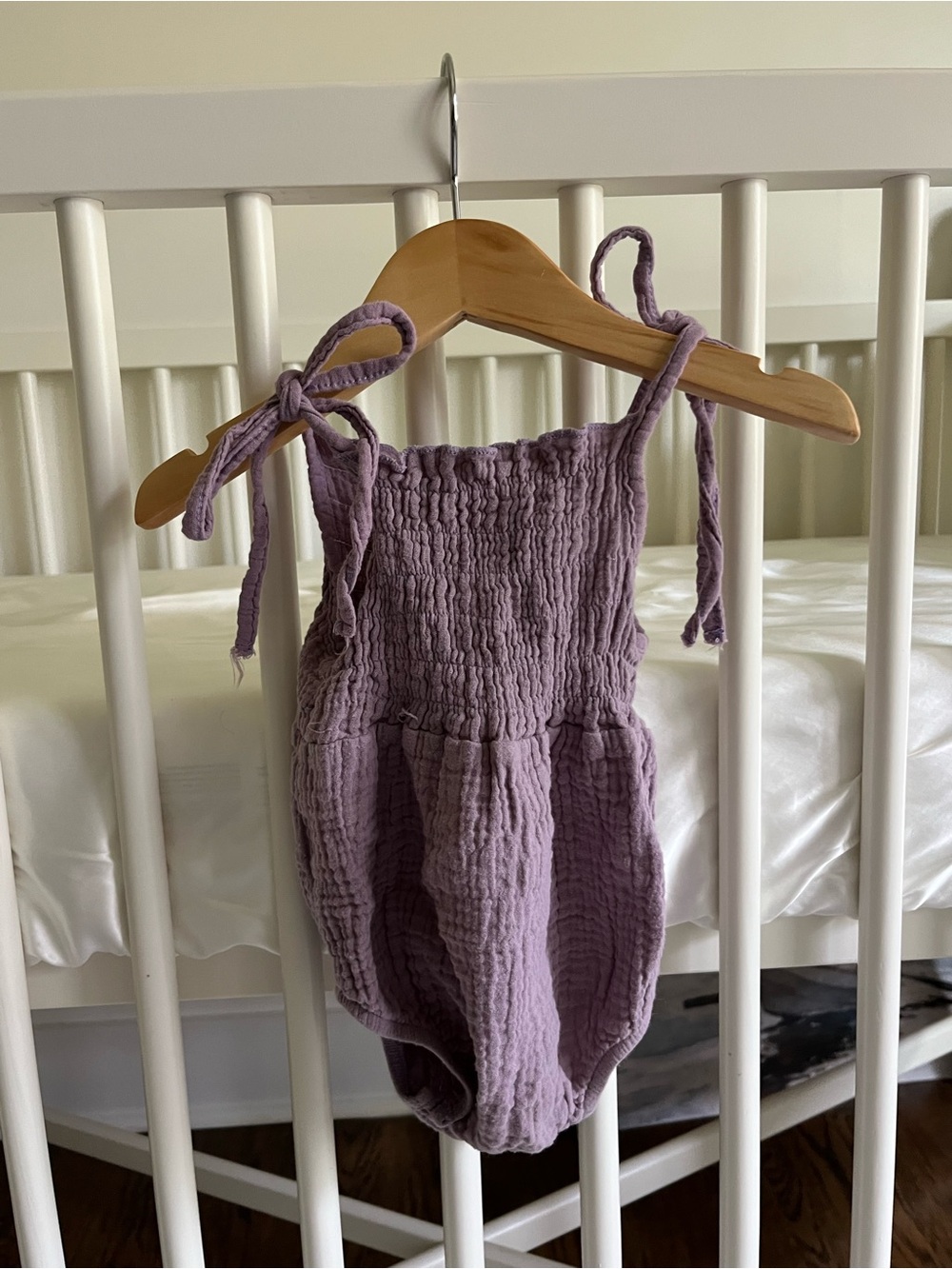Smocked Tie-Strap Baby Romper in Mauve Purple